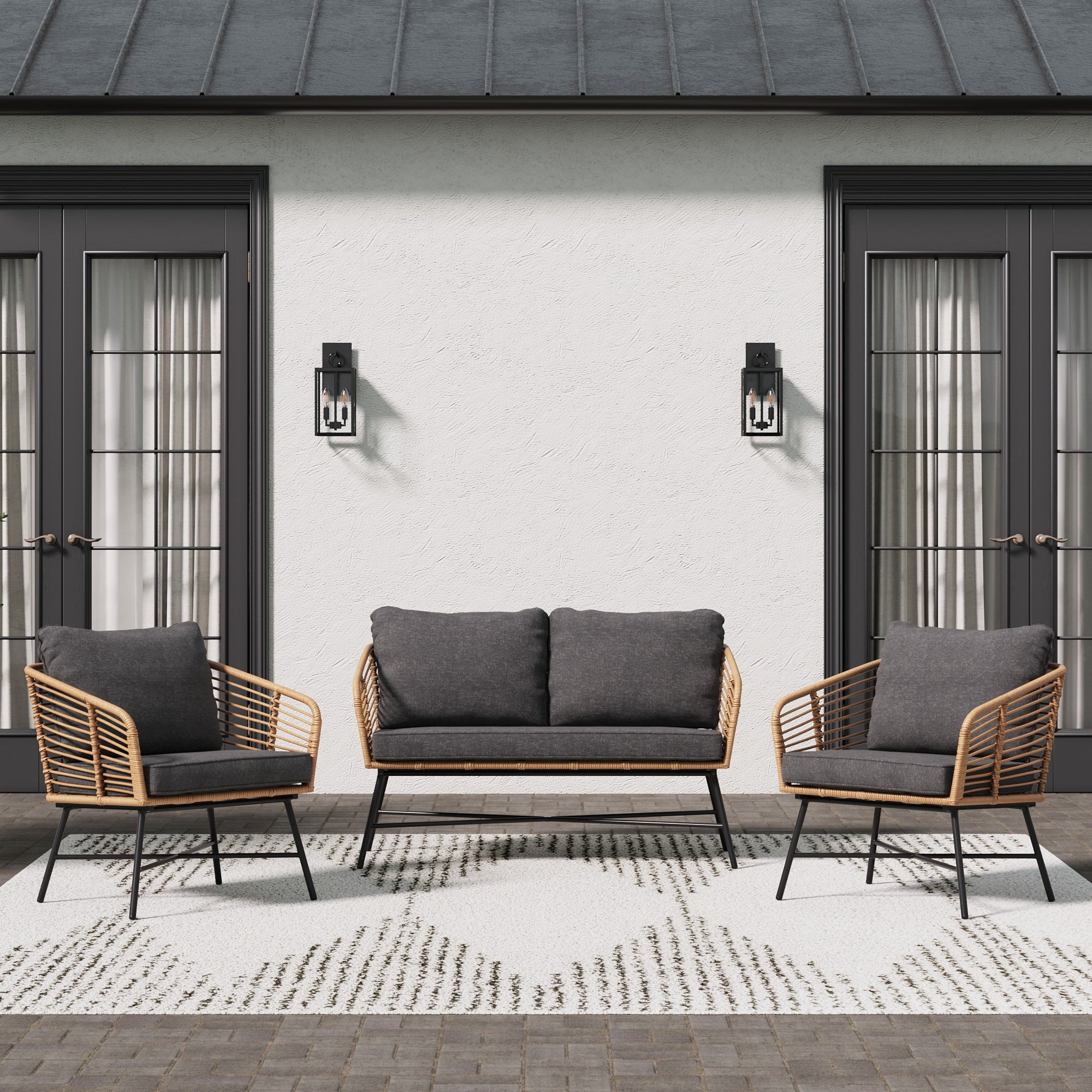 Nathan James Flow Bohemian 3-Piece Wicker Furniture Set, Rattan Patio Conversation Set with Cushions, Rattan/Black