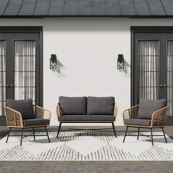 Nathan James Flow Bohemian 3-Piece Wicker Furniture Set, Rattan Patio Conversation Set with Cushions, Rattan/Black