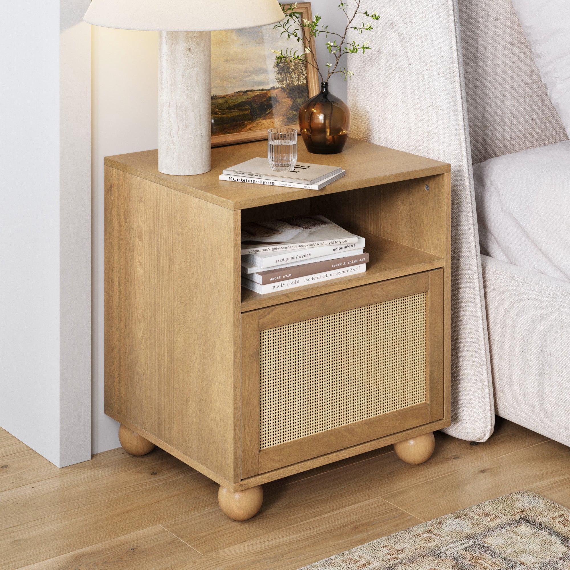 Nathan James Franco Faux Rattan Side Table Nightstand with Storage, Rustic Bedside Table with Solid Wood Legs, Light Brown