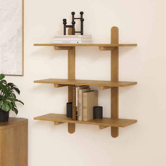 Nathan James Frankie Mid Century 3-Tier Wall Mounted Wood Shelf, Modular Wall Shelving with Solid Wood Support Frame, Light Brown