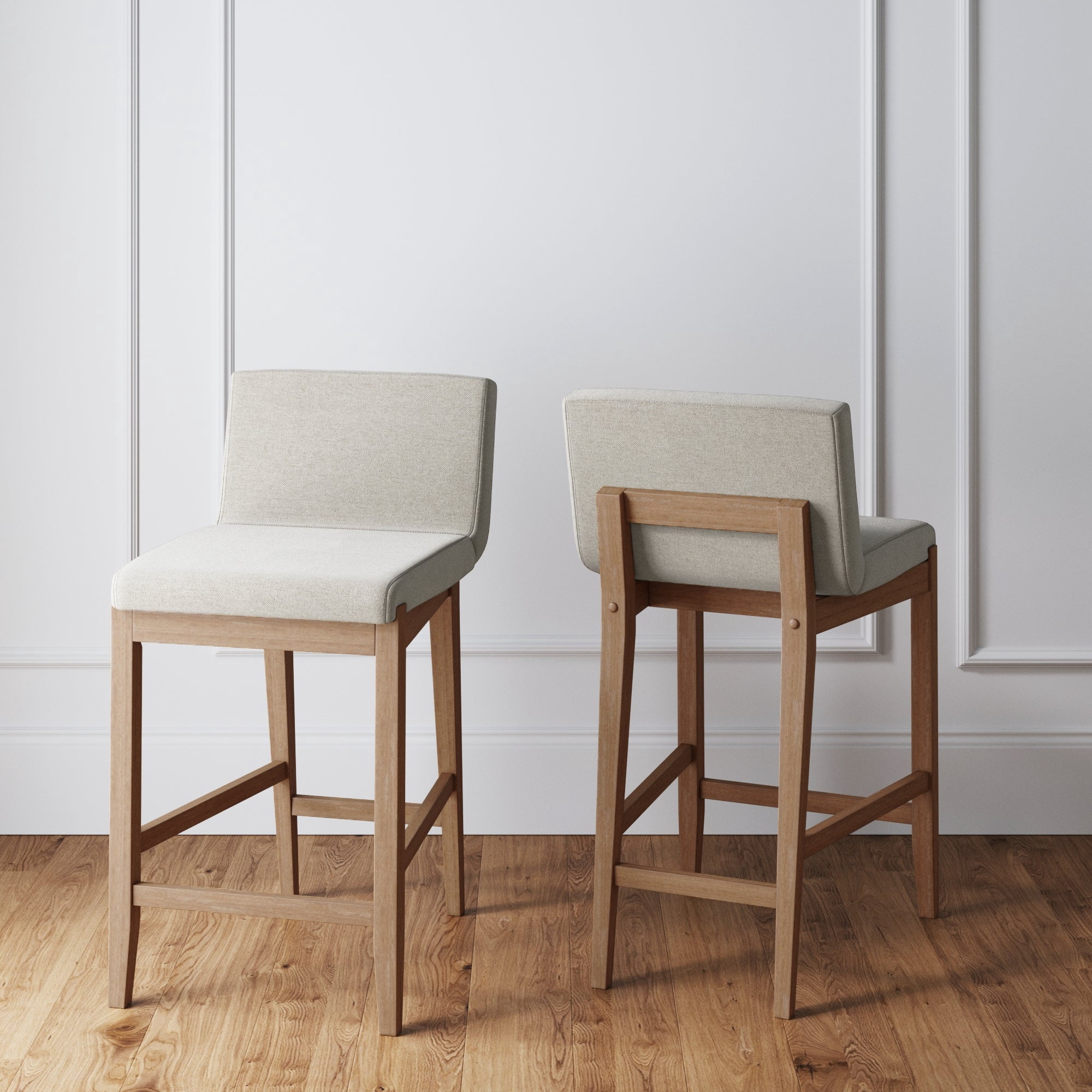 Nathan James Gracie Modern Counter Height Bar Stool with Back, Counter Stool Upholstered Chair with Natural Flax White Fabric and Brushed Wooden Legs, Natural Flax/Brown, Set of 2