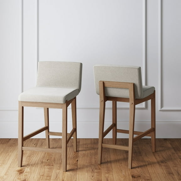 Nathan James Gracie Modern Counter Height Bar Stool with Back, Counter Stool Upholstered Chair with Natural Flax White Fabric and Brushed Wooden Legs, Natural Flax/Brown, Set of 2