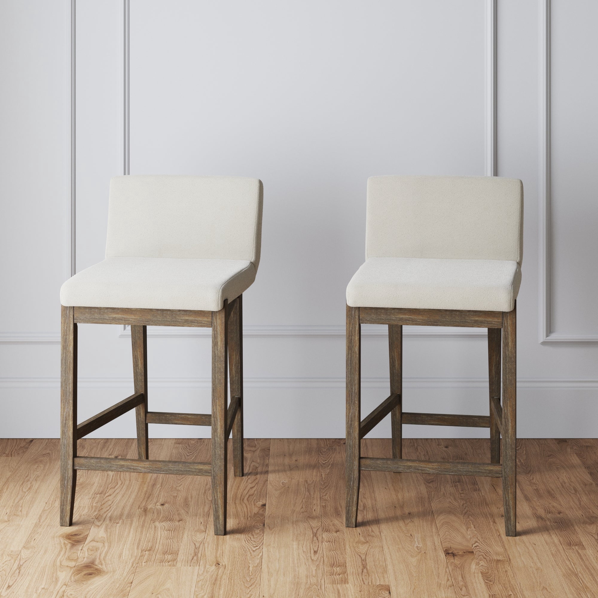 Nathan James Gracie Modern Counter Height Bar Stool with Back, Counter Stool Upholstered Chair with Natural Textured Linen and Brushed Wooden Legs, White/Dark Brown, , Set of 2