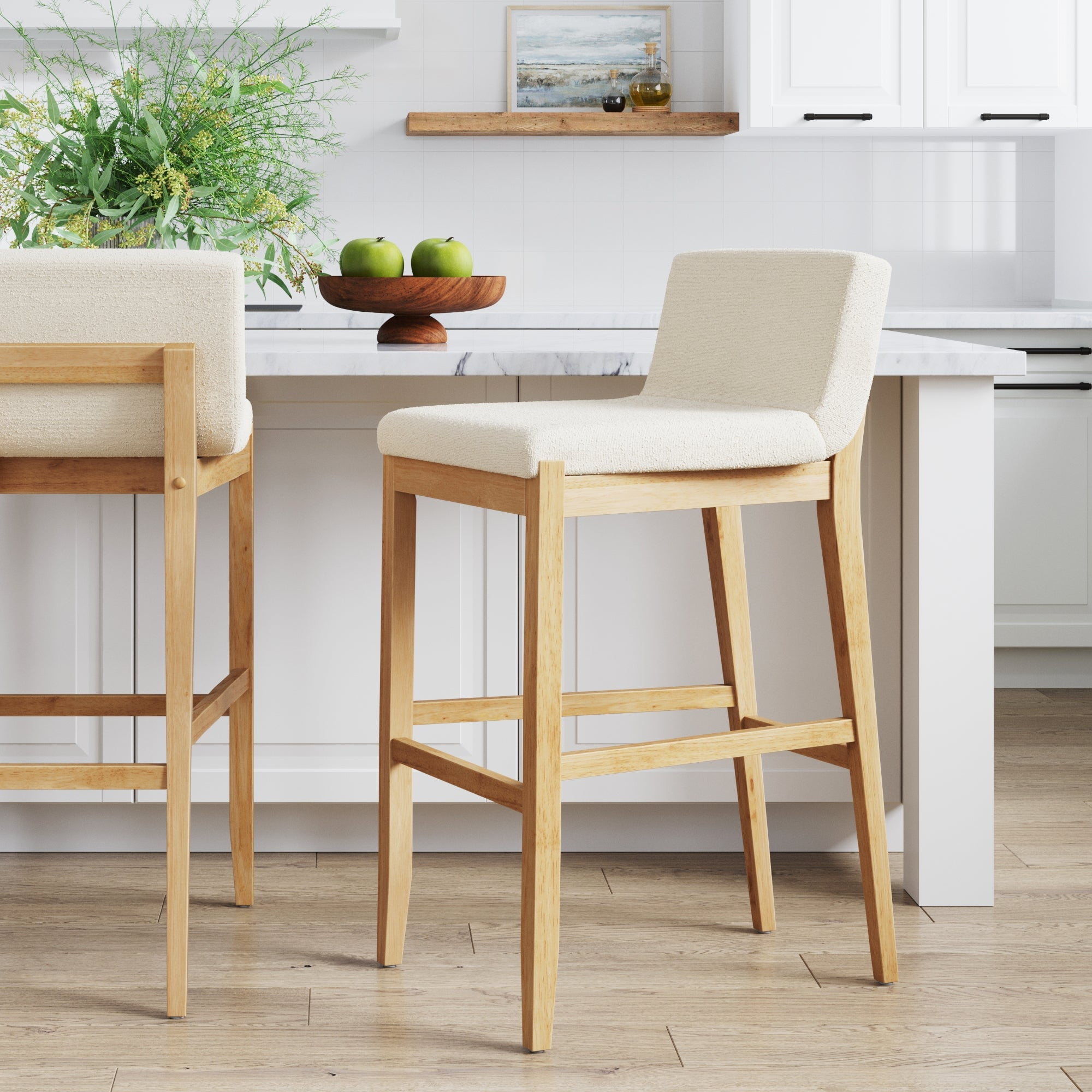 Nathan James Gracie Modern Upholstered Bar Stool, Wooden Bar Stool for Kitchen Island with Boucle Upholstery, Cream Boucle/Warm Pine