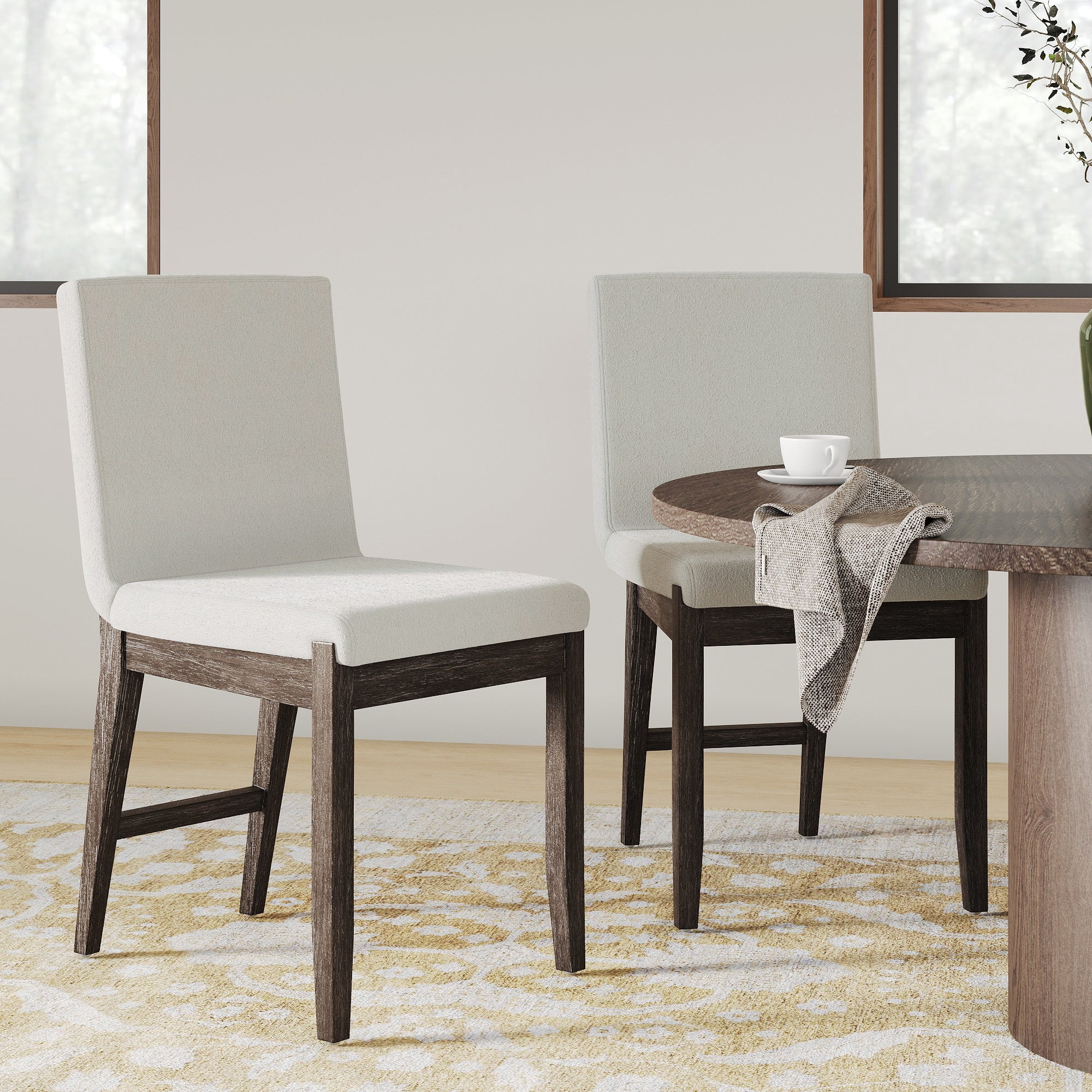 Nathan James Gracie Scandinavian Dining Chair with Cushion, Boucle Dining Chair with Solid Wood Frame, Cream Boucle/Dark Brown, Set of 2