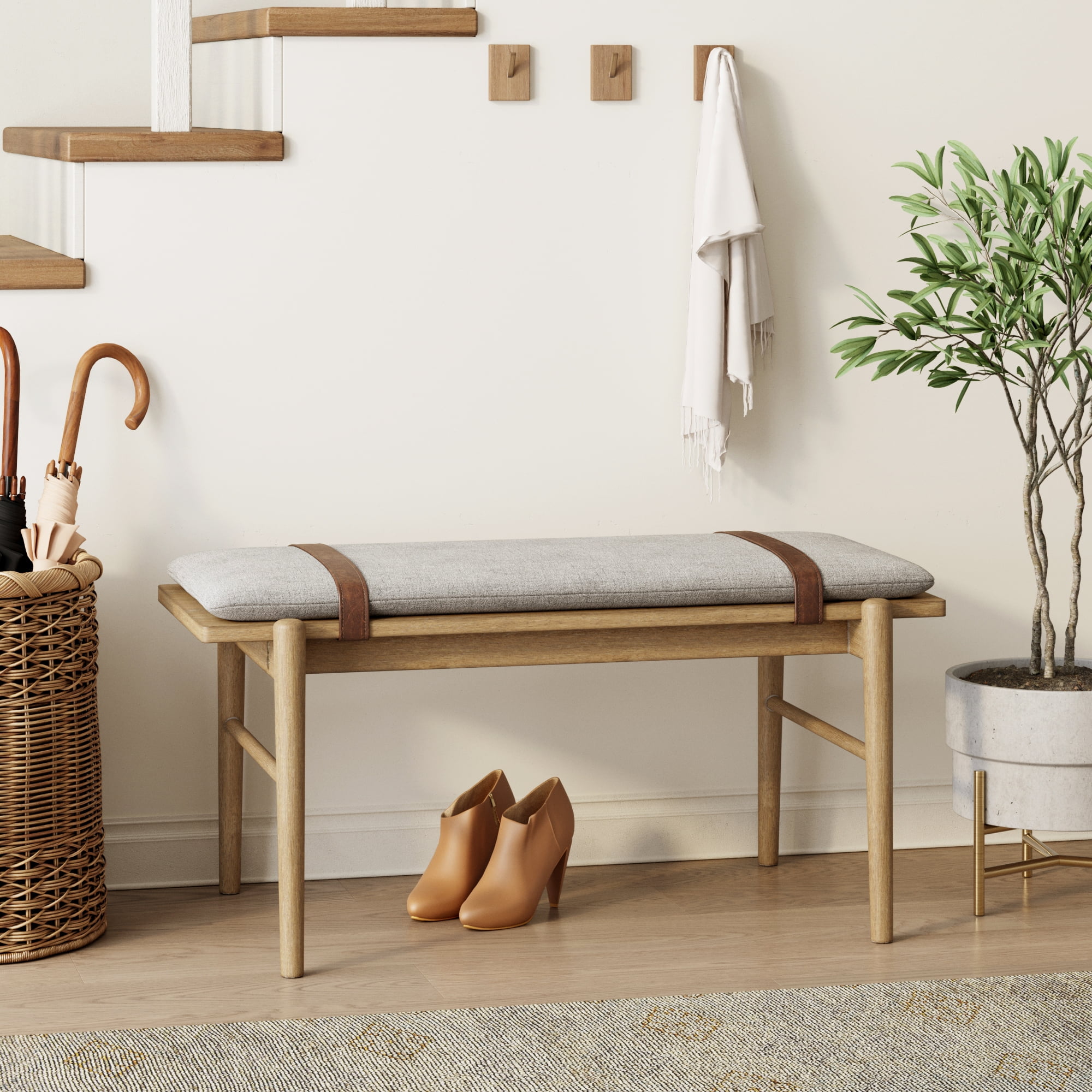 Free Shipping Nathan James Gugan Mid Century Light Brown Bench with Removable Ivory Cushion for Bedroom and Hallway Walmart