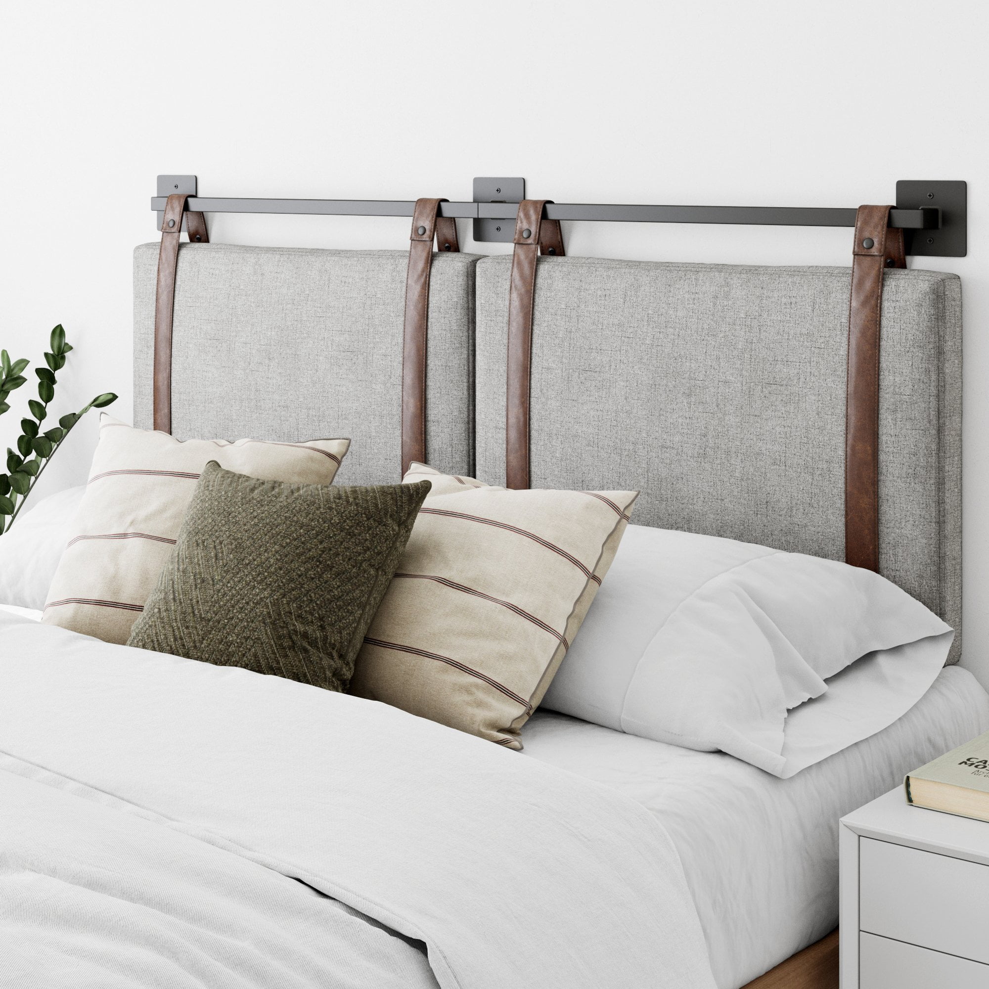 Gray Upholstered Full Wall Mount Headboard with Brown Leather Straps
