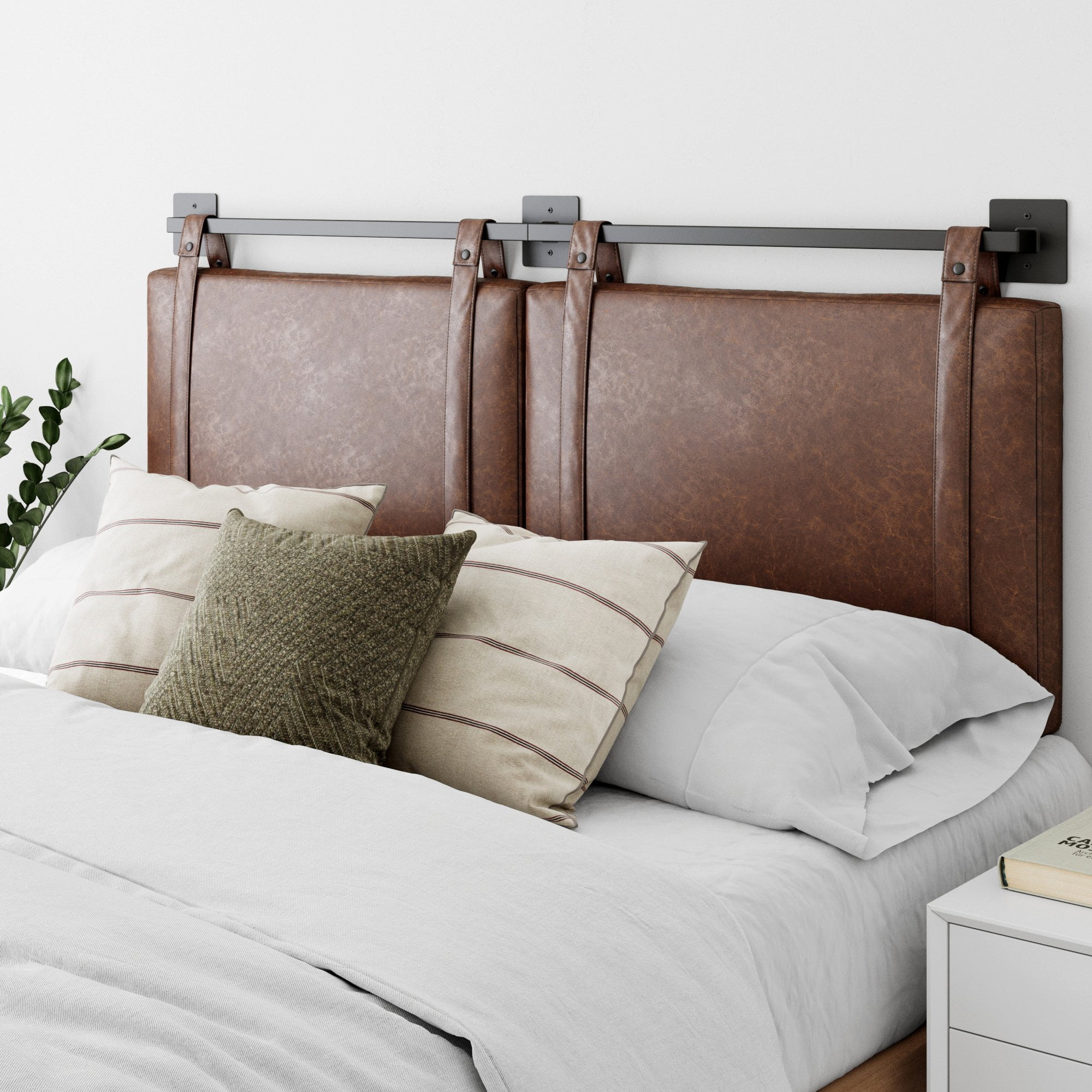 Nathan James Harlow Queen/Full Wall Mount Faux Leather Upholstered Headboard, Adjustable Height Vintage Brown PU Leather Straps with Black Matte Metal Rail