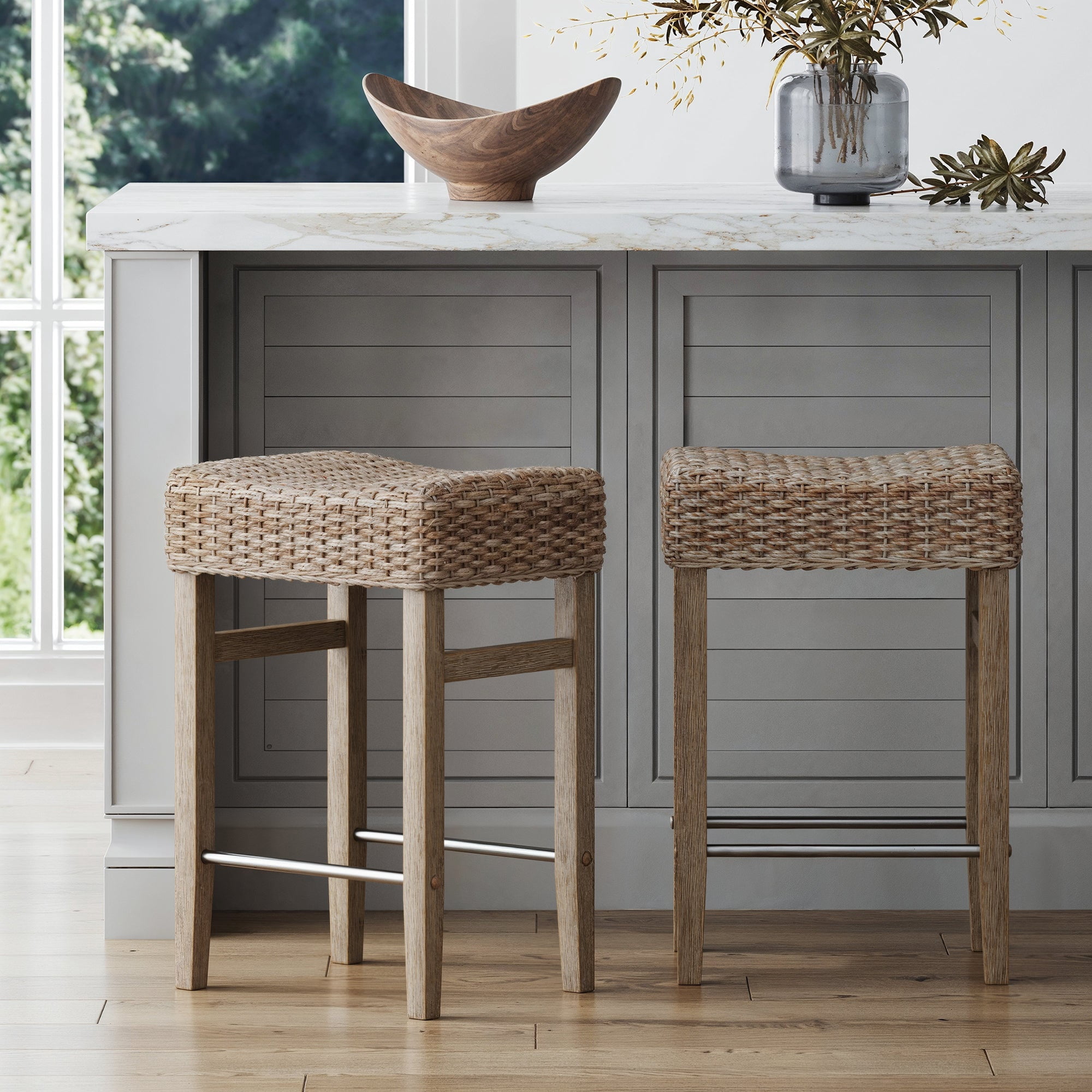 Nathan James Harvey Rattan Bar Stool, Bohemian Counter Height Stool with Woven Seagrass Seat, Solid Wood Legs, and Metal Footrest Seagrass/Brushed Gray, Set of 2