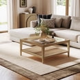 thumbnail image 1 of Nathan James Hayes Glass Top Coffee Table, Solid Wood Coffee Table with Glass Top and Rattan Bottom Shelf, Light Brown, 1 of 6