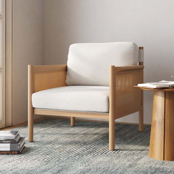Nathan James Hemming Upholstered Armchair, Solid Wood Accent Chair with Boucle Upholstery and Faux Rattan Arm Inlay, Cream/Raw Oak