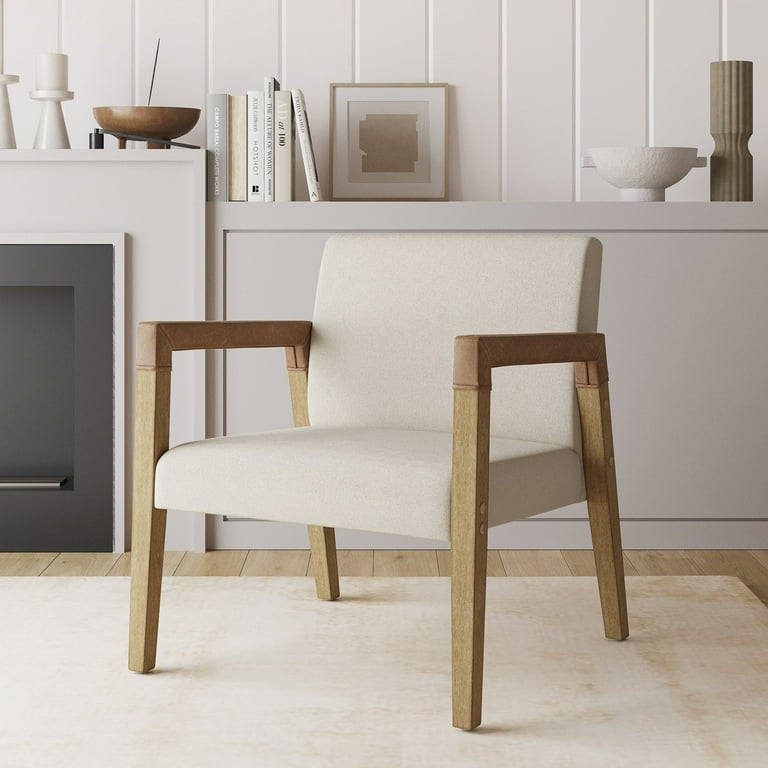 Cream Fabric Wrapped Accent Chair With Wooden Frame Cream Fabric Wrapped Accent Chair With Wooden Frame