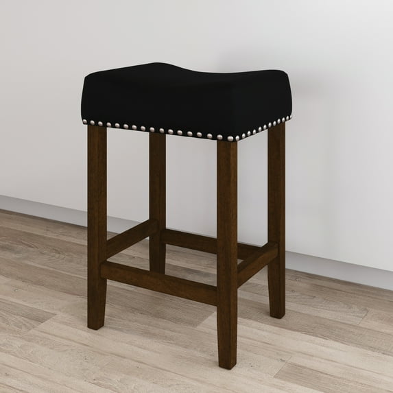 Nathan James Hylie Nailhead Wood Pub-Height Counter Bar Stool 24" Black Fabric Cushion Dark Brown Finish