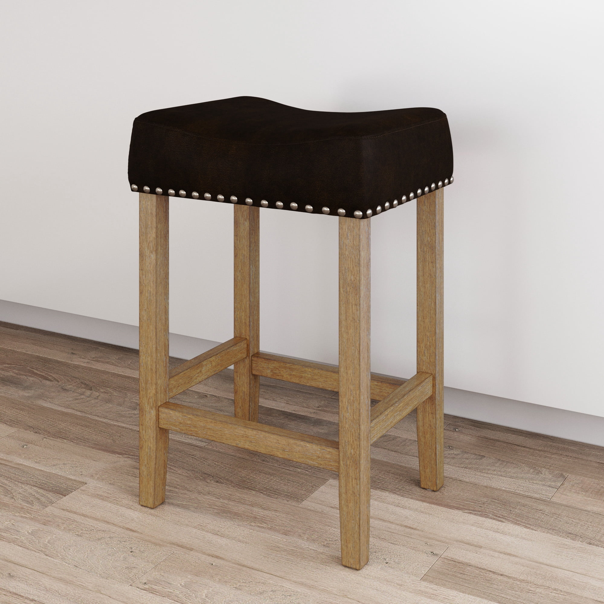 Nathan James Hylie Nailhead Wood Pub-Height Counter Bar Stool 24" Dark Brown Fabric Cushion Light Brown Finish