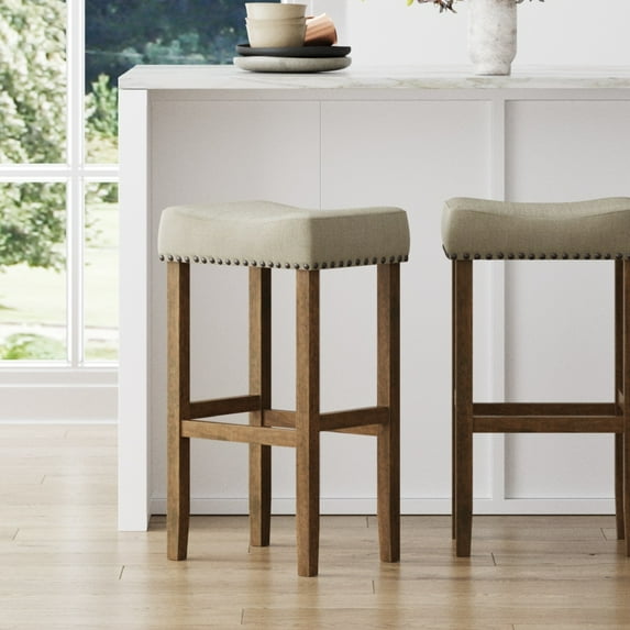 Nathan James Hylie Nailhead Wood Pub-Height Counter Bar Stool 29" Beige Fabric Cushion Light Brown Finish