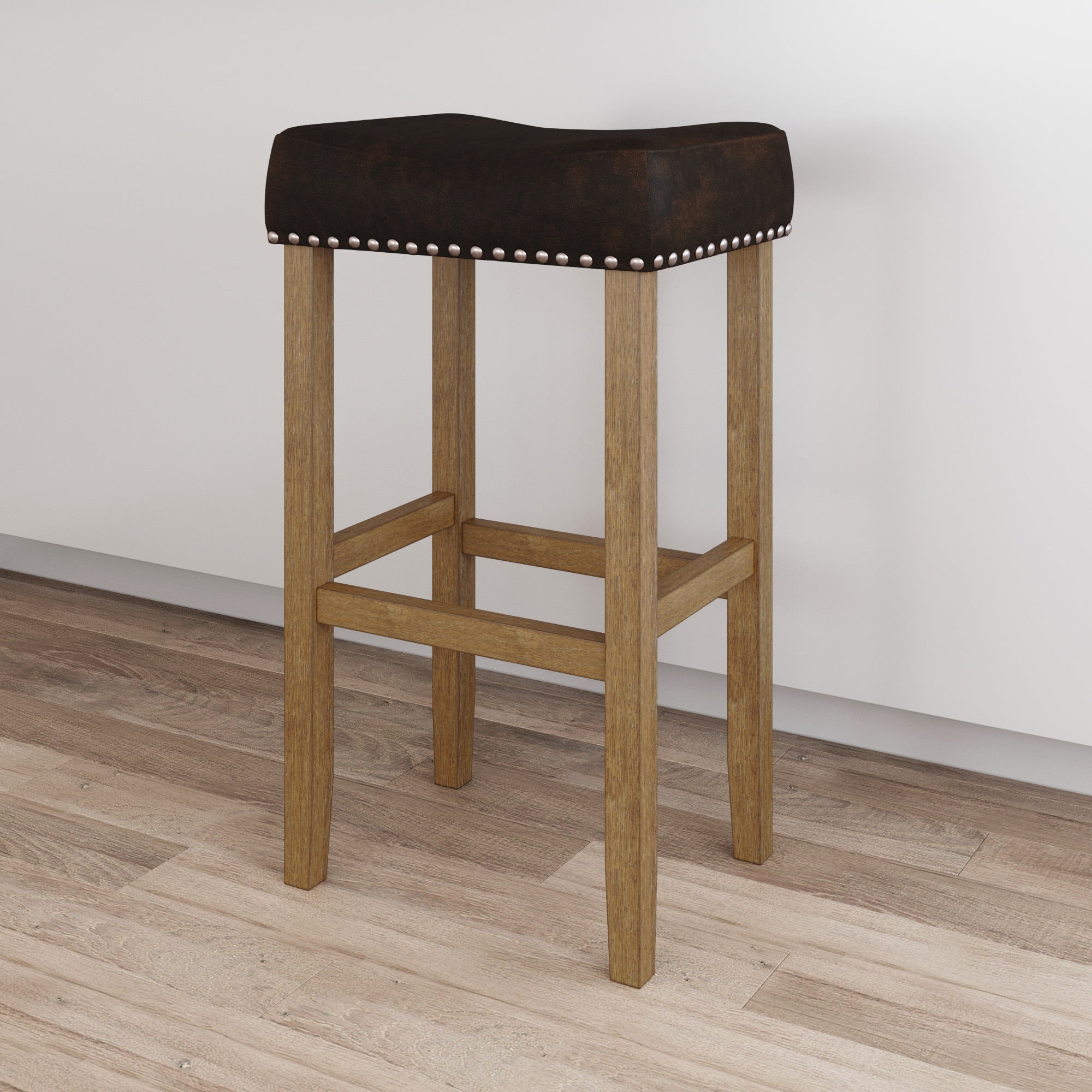 Nathan James Hylie Nailhead Wood Pub-Height Counter Bar Stool 29" Dark Brown Fabric Cushion Light Brown Finish