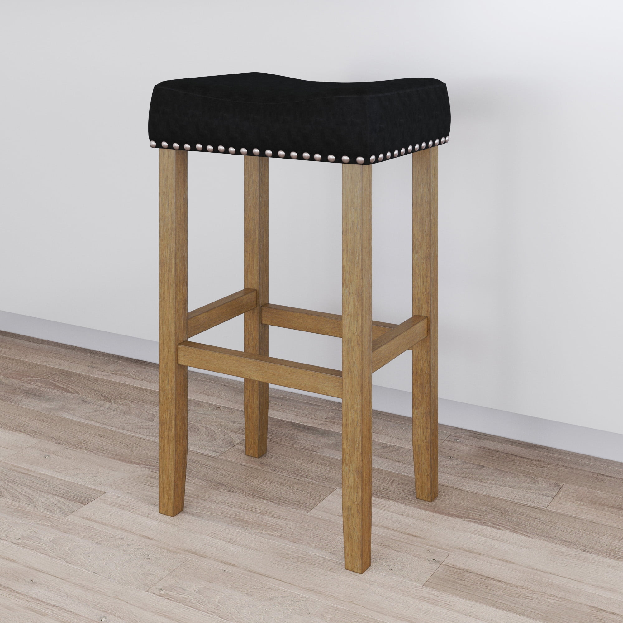 Nathan James Hylie Nailhead Wood Pub-Height Counter Bar Stool 29" Black Fabric Cushion Light Brown Finish
