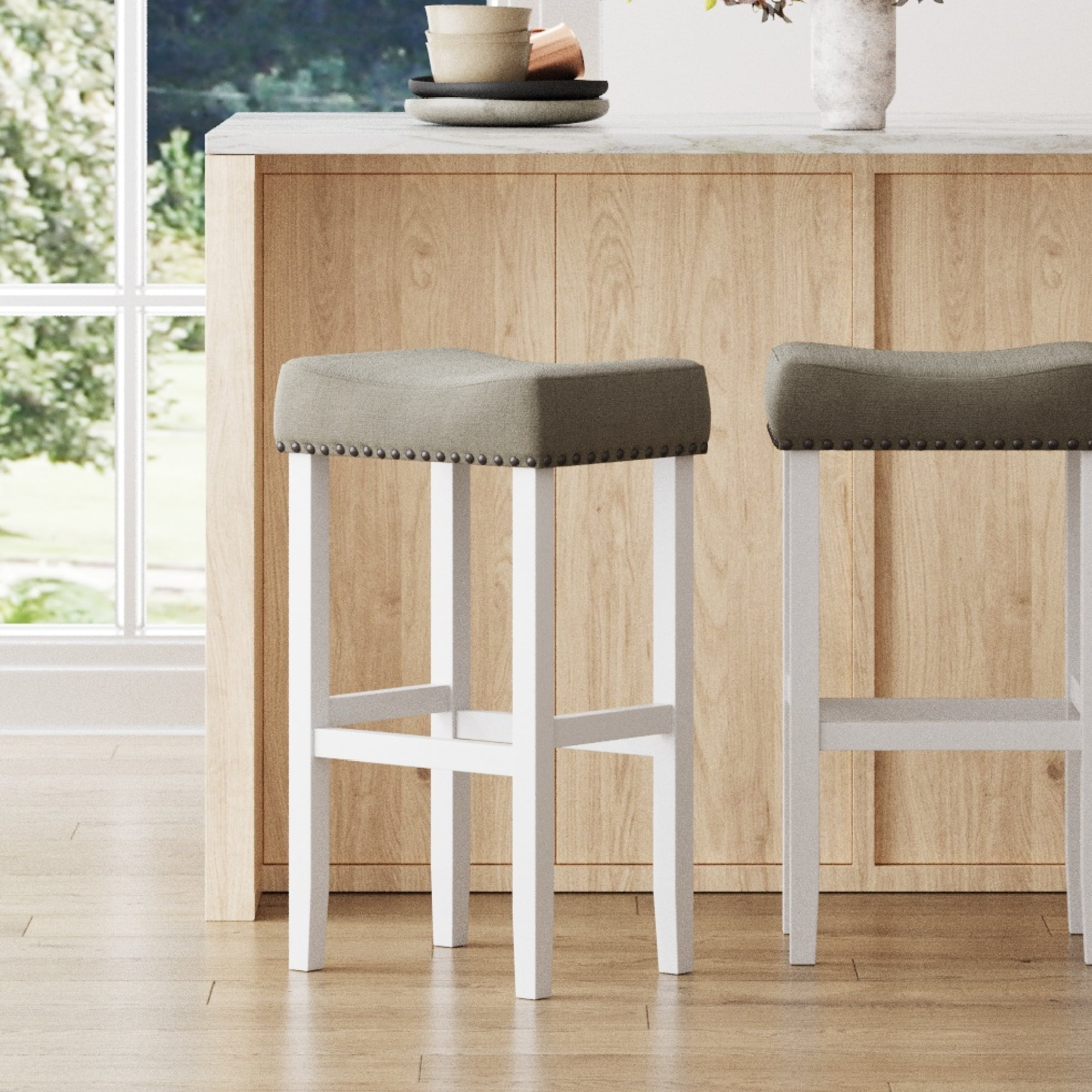 Nathan James Hylie Nailhead Wood Pub-Height Counter Bar Stool 29" Gray Fabric Cushion White Finish