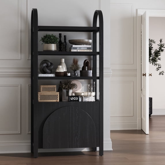 Nathan James Iris 3 Tier Bookshelf, Arched Bookcase Cabinet, Solid Wood Bookcase with Cabinet Base, Boho Bookshelf in Midnight Charcoal Finish