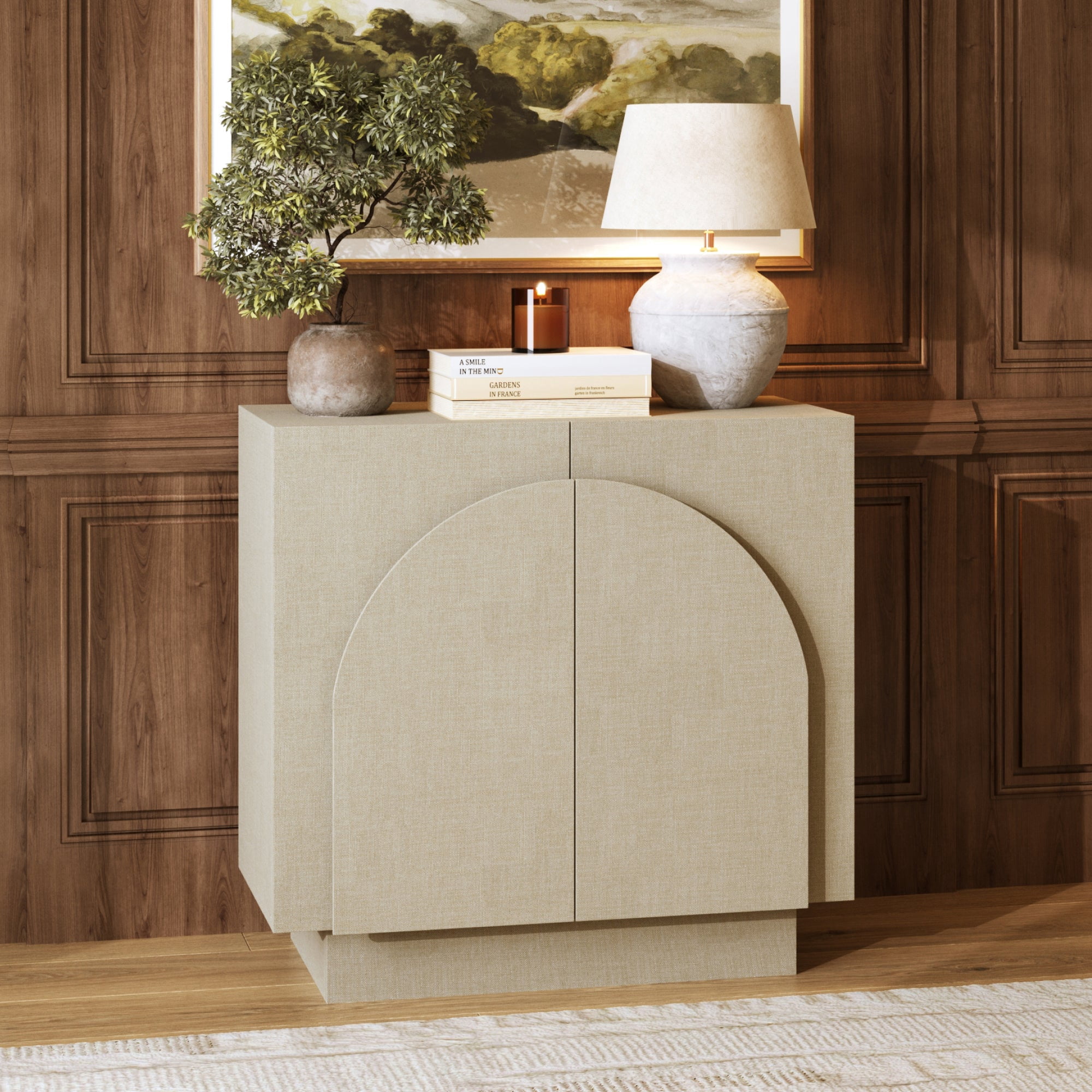 Nathan James Iris Mid Century Modern Arched Curio Cabinet with Beige Linen Finish, Wooden Storage Cabinet with Doors