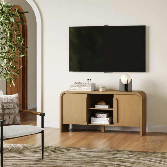 Nathan James Iris Mid Century Modern Minimalist TV Stand with Storage, Media Console Cabinet for TVs Up To 50", Light Brown