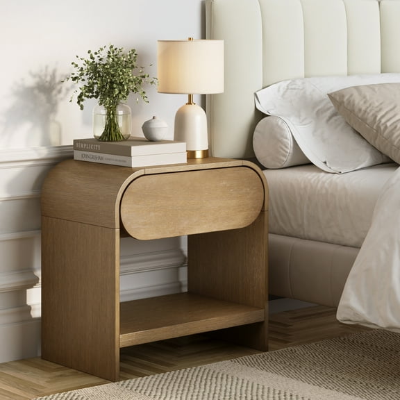 Nathan James Iris Mid-Century Modern Nightstand with Drawer, Wooden Bedside Table for Bedroom or Living Room with Rounded Silhouette
