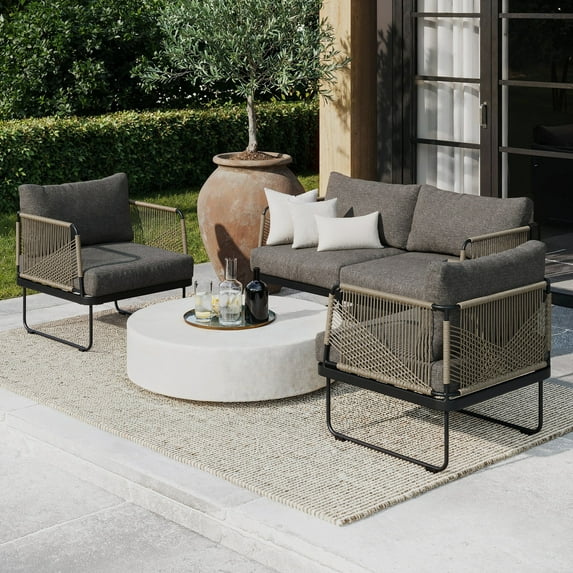 Nathan James Isla Bohemian 3-Piece Patio Conversation Set, Outdoor Loveseat and Chair Set with Black Metal Frame and Dark Gray Cushions
