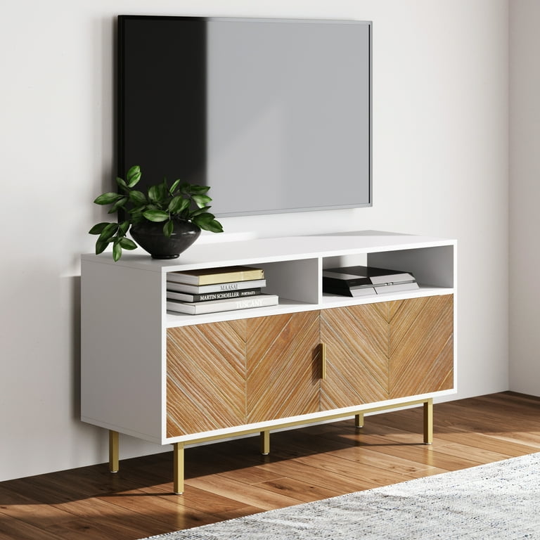 Free Shipping Nathan James Izsak White Wood Media Console TV Stand Cabinet with Storage for Living Room Dining Room Entryway Walmart