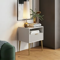 Nathan James Jacklyn Modern Nightstand Bedside Table with Drawer and Shelf, Mid-Century Golden Legs, White/Gold