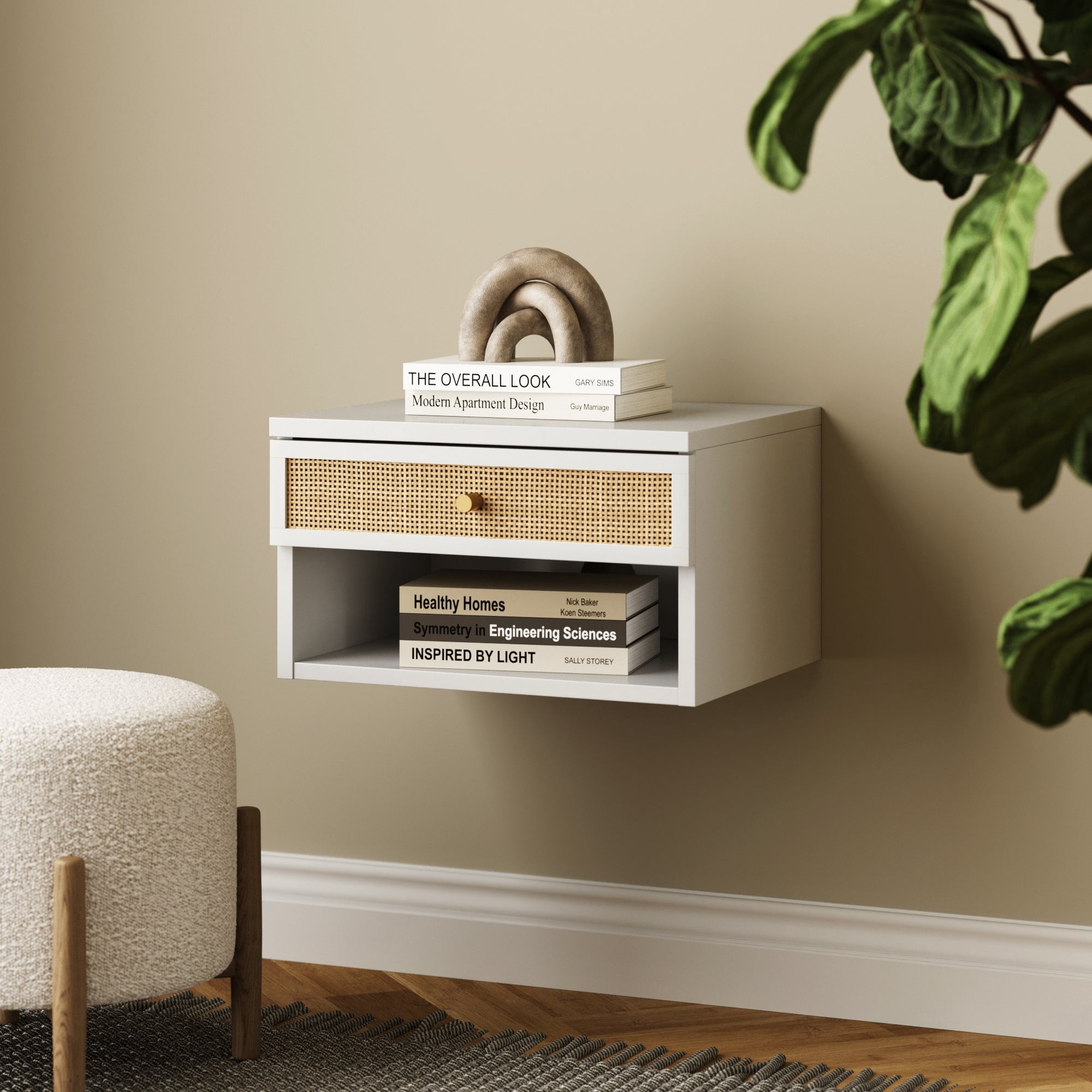 Nathan James Jackson Wall Mounted Rattan Floating Bedroom Nightstand with Storage Drawer and Modern Open Shelf Cubby, White/Rattan