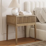 Nathan James James Boho Wood Nightstand with Drawer, Fluted Side Table or End Table with Storage, Light Brown