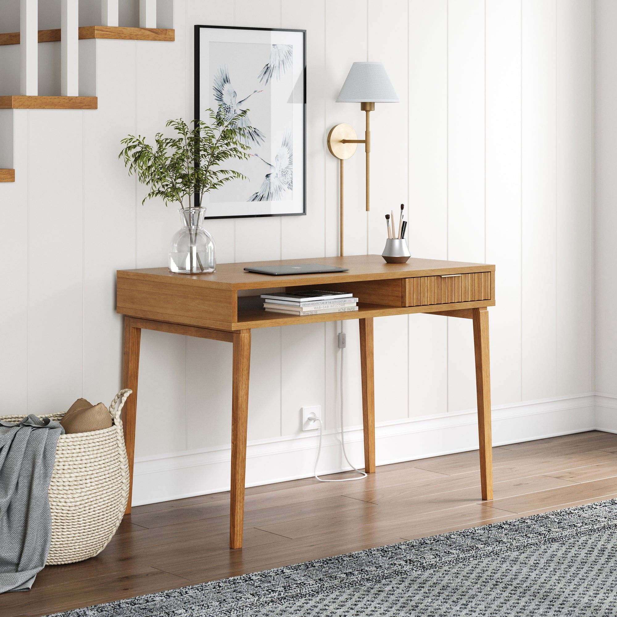 Natural Brown Wood Writing Desk with Drawer and Open Cubby