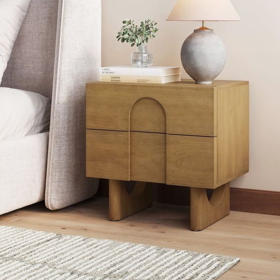 Nathan James Jett Mid Century Modern Nightstand, Wooden Bedside Table with Drawers and Arched Door Cutout, Light Brown