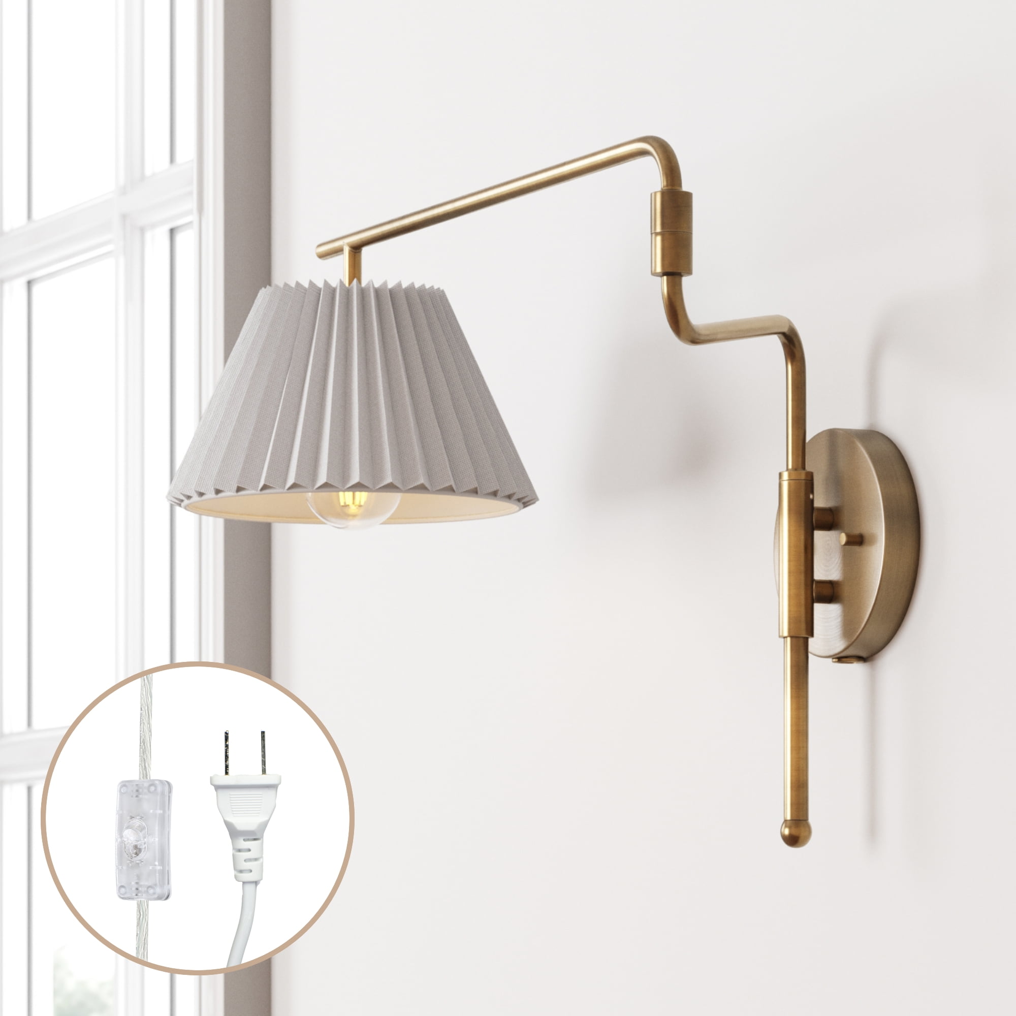Kai Vintaged Brass Swing Arm Wall Sconce with White Linen Shade