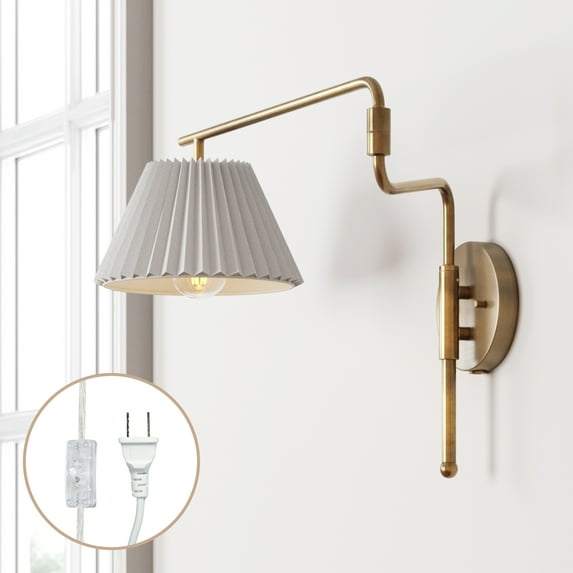 Nathan James Kai Modern Wall Mounted Plugin Bedside Reading Lamp with Pleated Shade, Vintaged Brass Finish