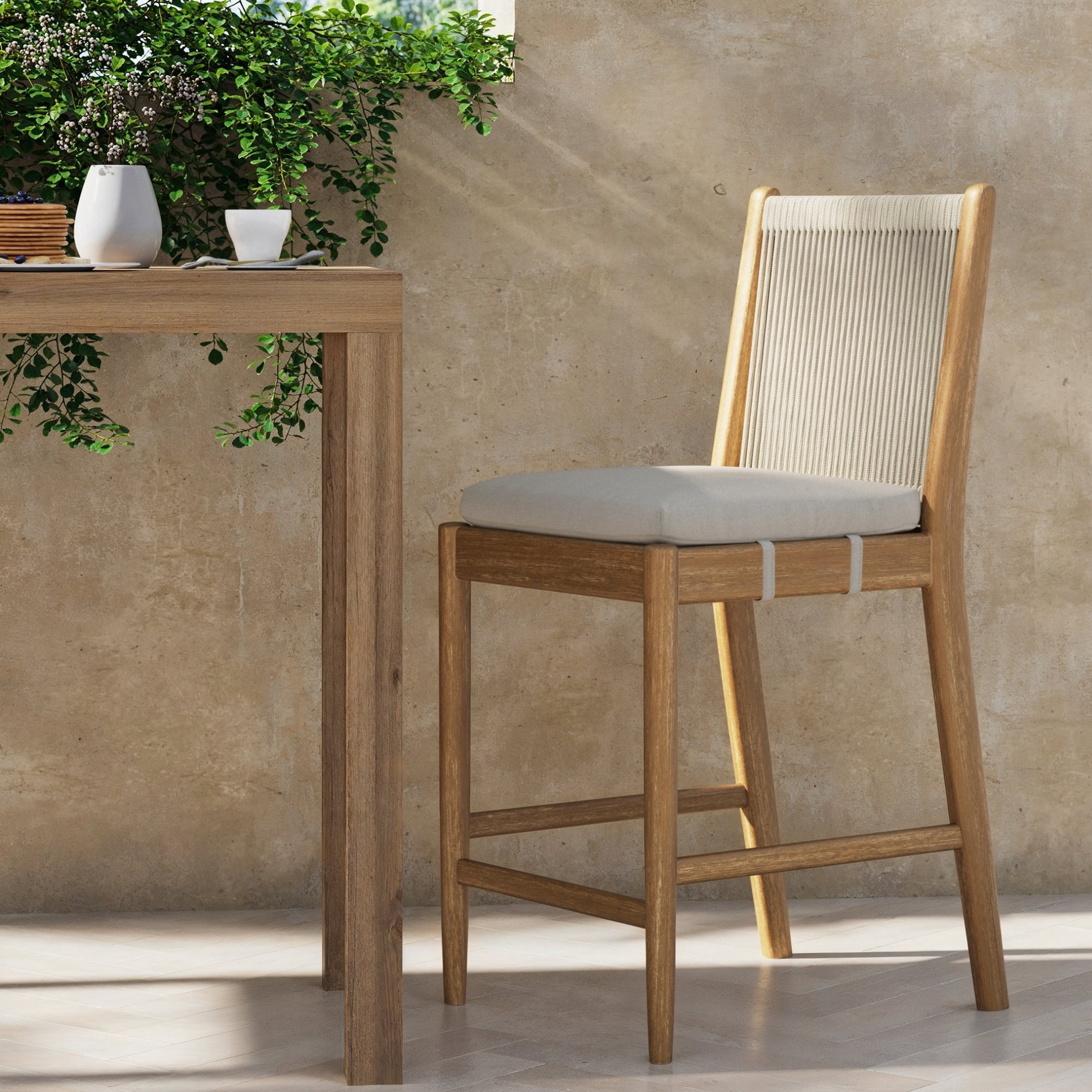 Nathan James Kayden Solid Wood Bar Stool with Woven Rope Backrest, Upholstered Bar Stool with Back, Counter Height Stools for Bar or Patio
