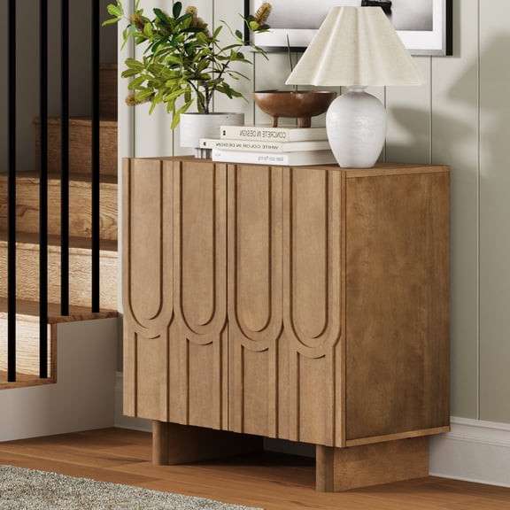 Nathan James Kelly Mid Century Style Credenza with Geometric Carved Doors, Entryway Storage Cabinet or Vintage Buffet Cabinet, Light Brown