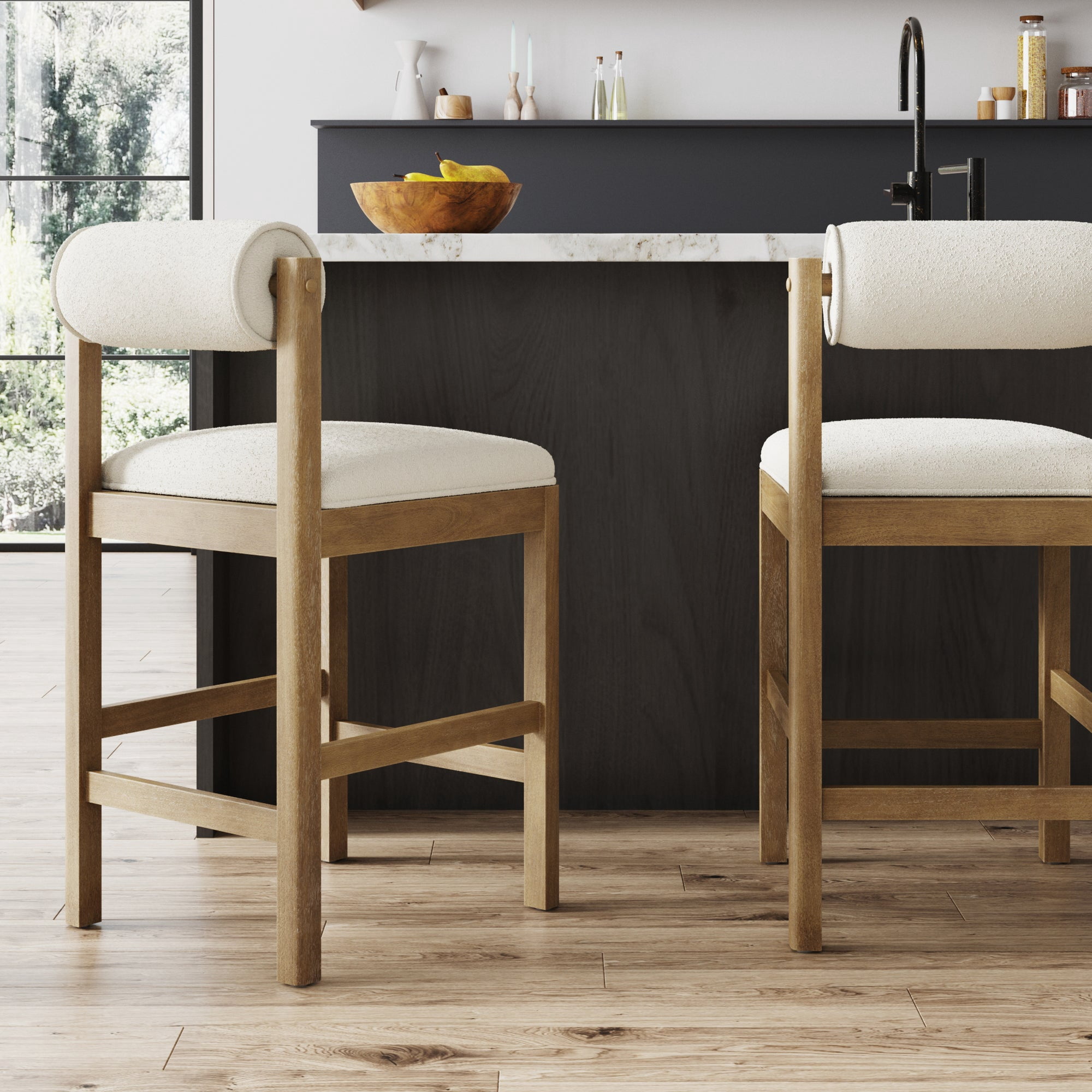 Nathan James Kimberly Modern Counter Stool with Solid Wood Legs, Boucle Upholstered Counter Height Stool with Bolster Back, Cream Boucle/Light Brown