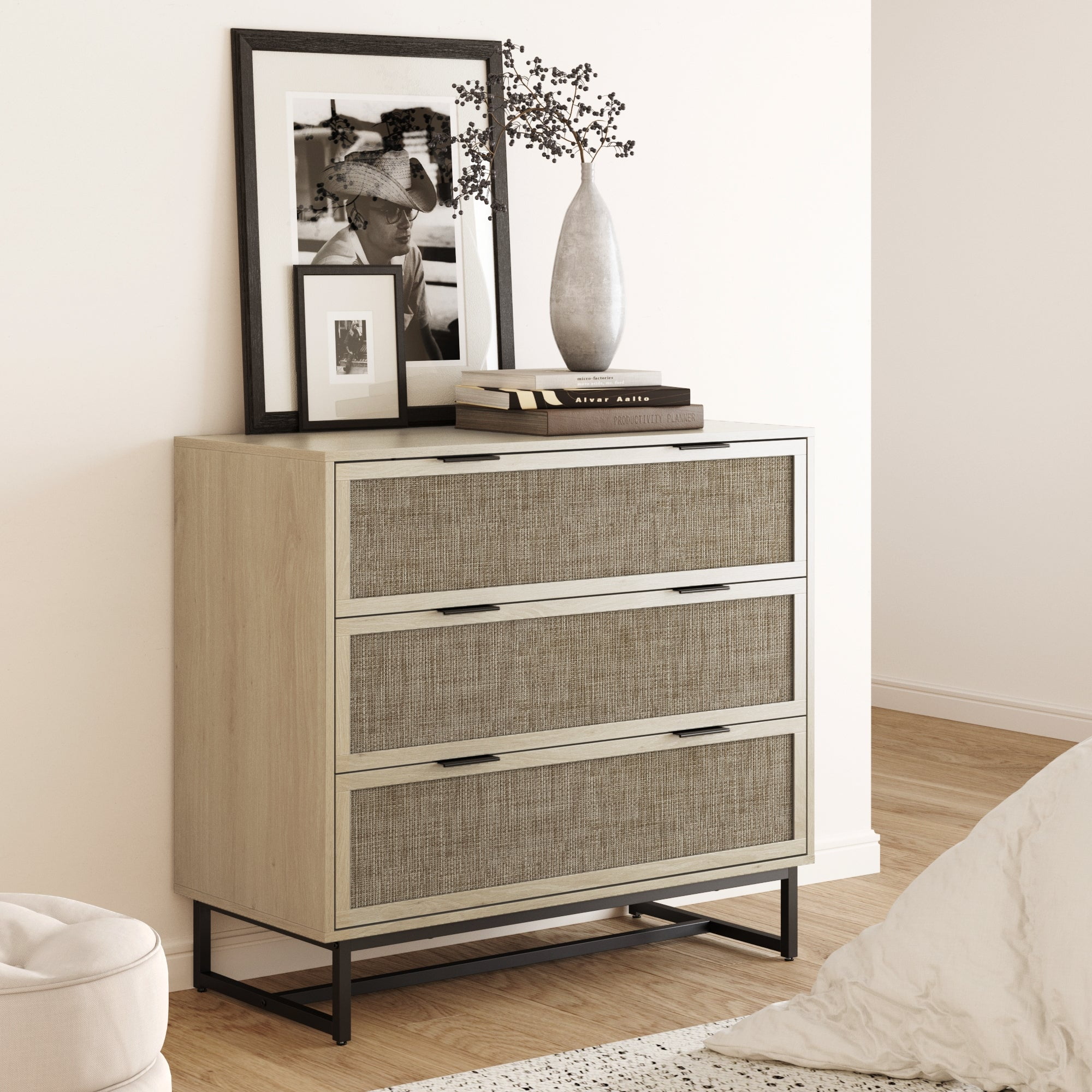 Nathan James Kova 3-Drawer Rattan Dresser or Boheminan Living Room Storage Cabinet with Textiline Rattan Accent and Metal Legs, Light Oak/Black