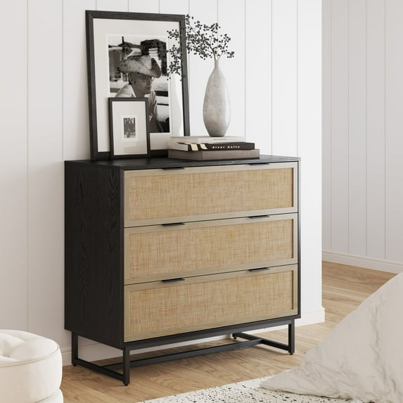 Nathan James Kova Boho Dresser or Storage Cabinet with Drawers for Bedroom or Nursery with Textilene Rattan Accent and Metal Legs, Black Oak