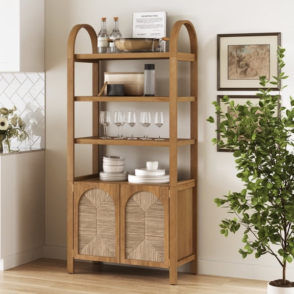 Nathan James Leah Arched Bookcase, 3-Tier Bookshelf with Storage Cabinet Base, Seagrass Door Fronts and Solid Wood Frame, Light Brown