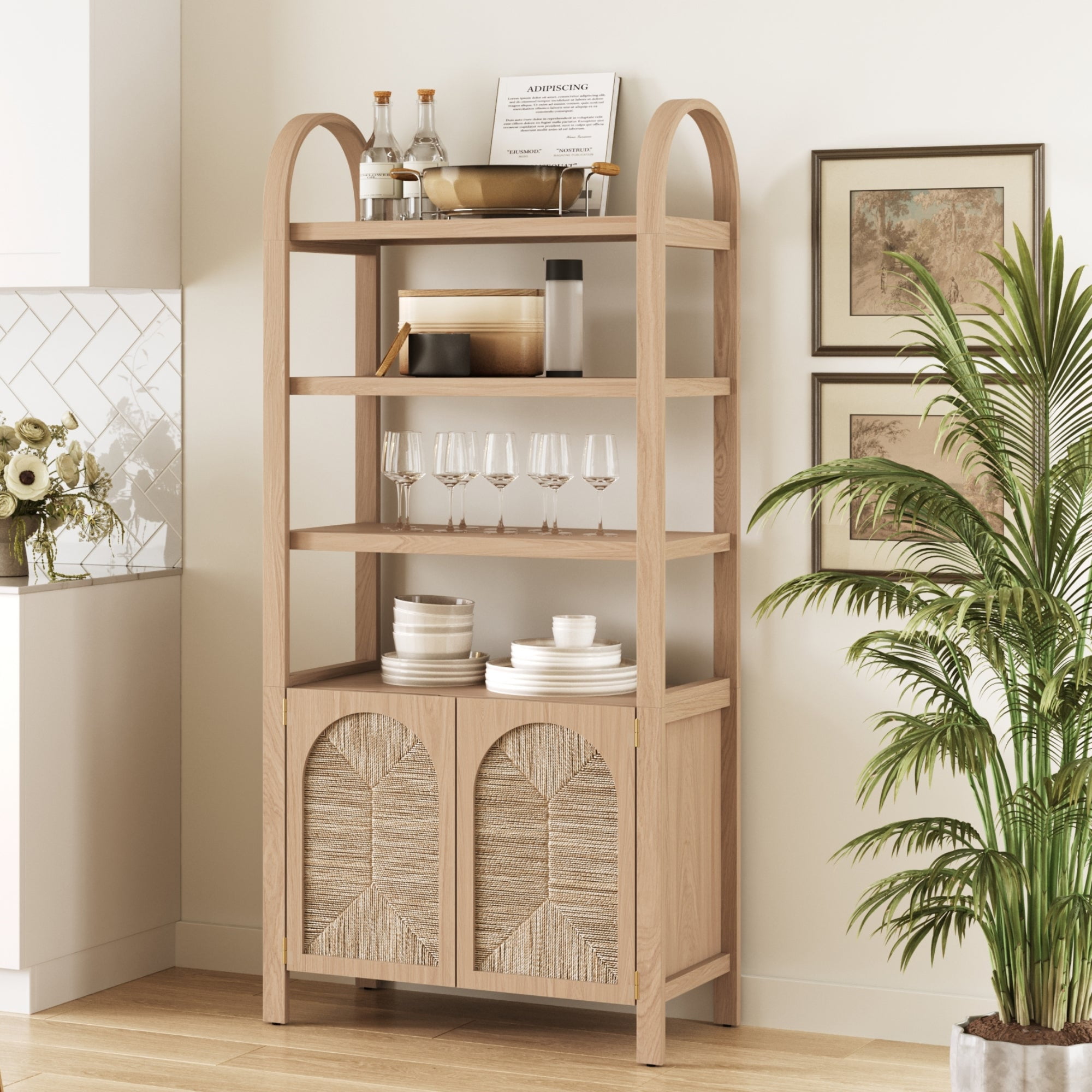 Nathan James Leah Arched Bookcase, 3-Tier Shelf, Seagrass