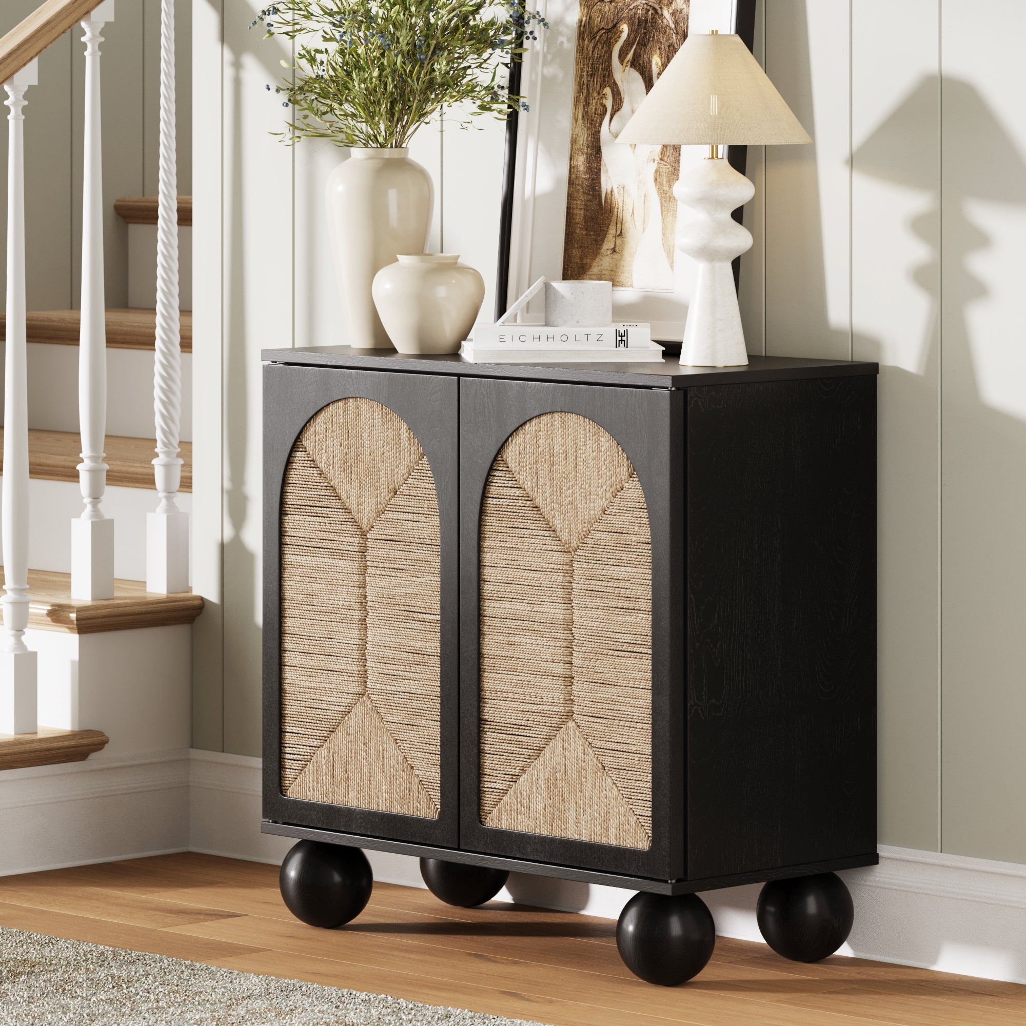 Nathan James Leah Boho Entryway Storage Cabinet or Sideboard Cabinet for Kitchen or Living Room with Ball-Style Feet, Natural Seagrass Door Fronts and Solid Wood Legs, Black