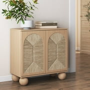 Nathan James Leah Boho Entryway Storage Cabinet or Sideboard Cabinet for Kitchen or Living Room with Ball-Style Feet, Natural Seagrass Door Fronts and Solid Wood Legs, Raw Oak