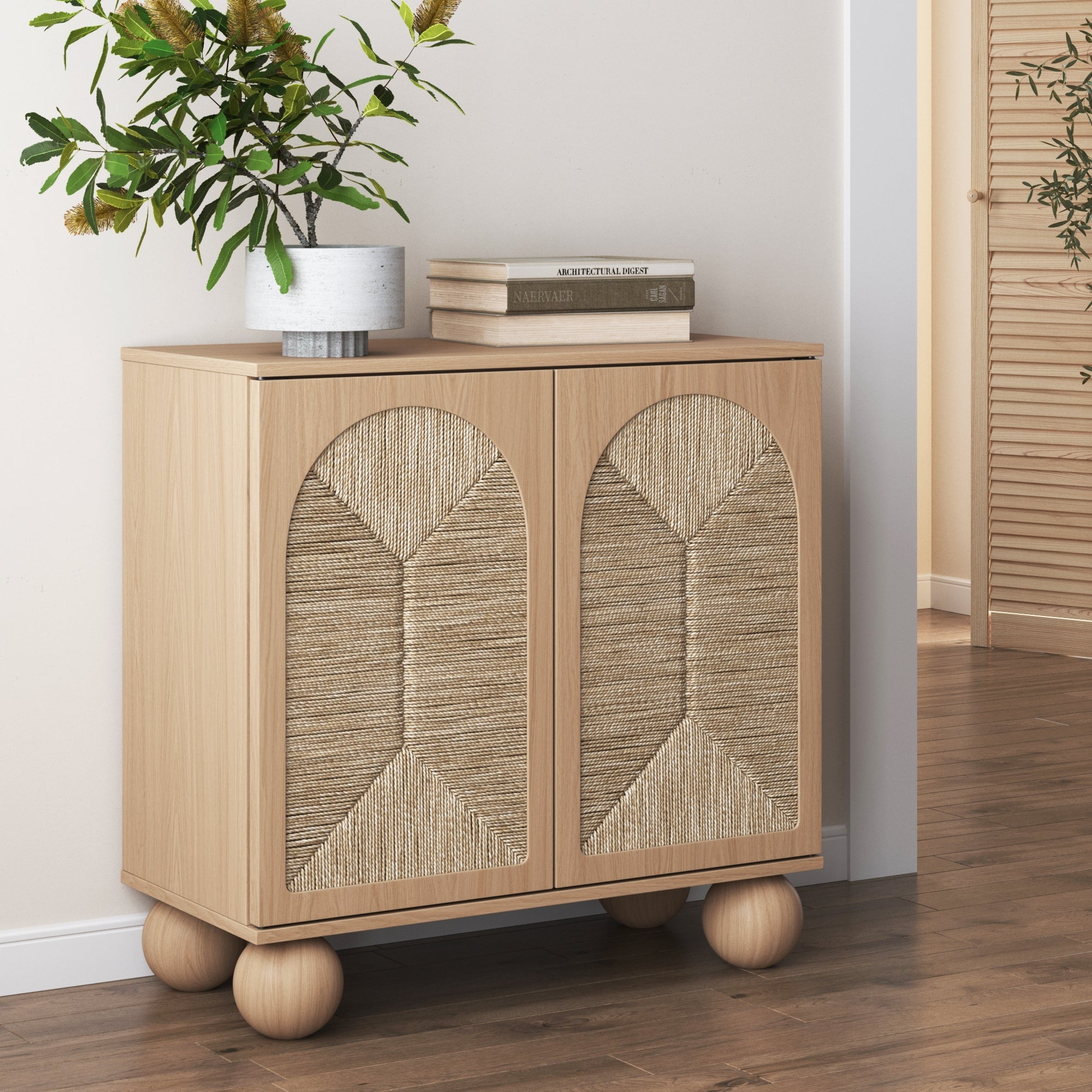 Raw Oak Boho Storage Cabinet with Seagrass Doors and Ball Feet