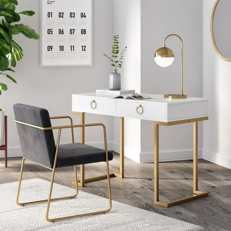 Nathan James Leighton Two Drawer Modern Desk White and Gold Finish Walmart