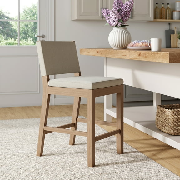 Nathan James Linus Modern Upholstered Counter Height Bar Stool with Back and Solid Rubberwood Legs in a Wire-Brushed Grey Finish, Natural Flax/Brown