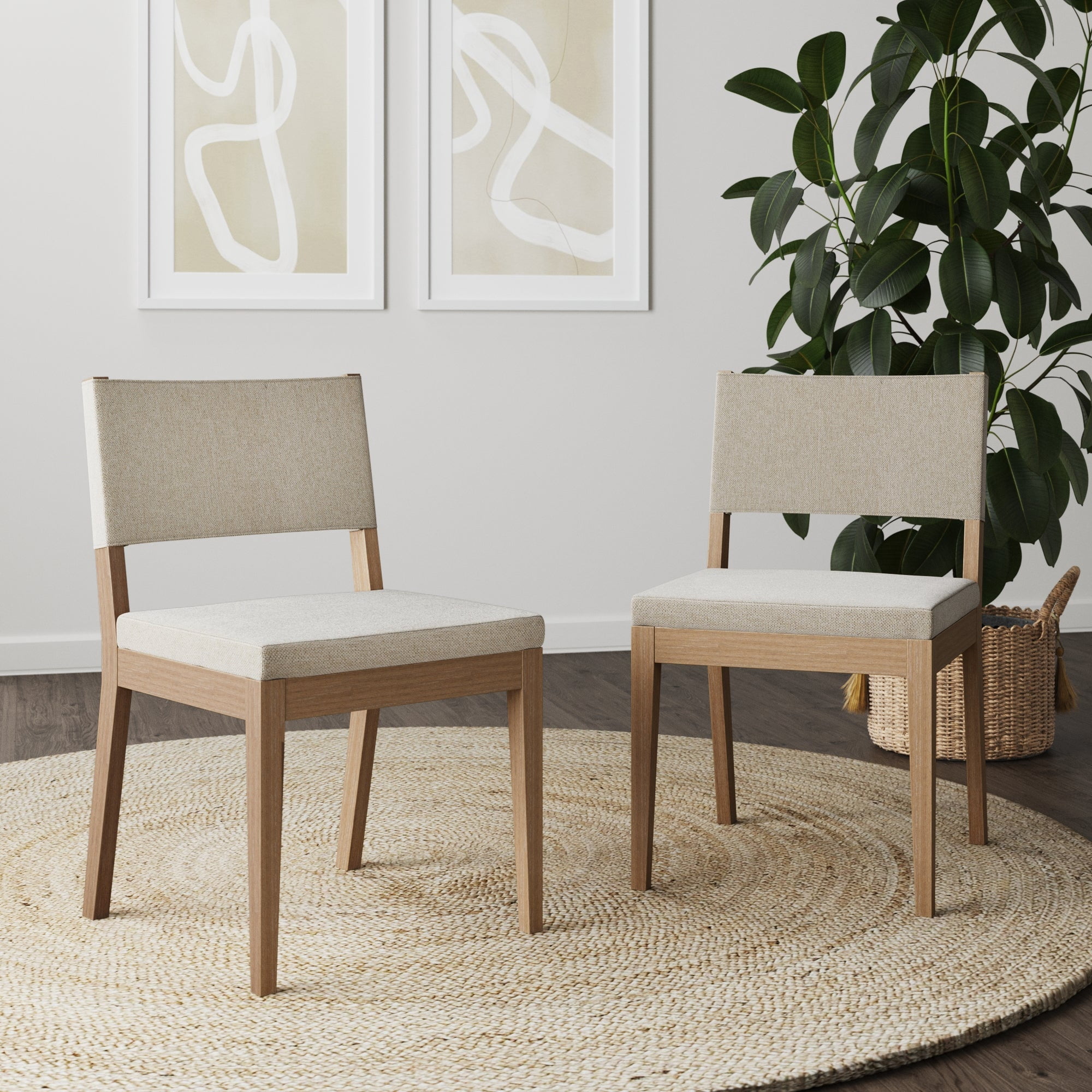 Nathan James Linus Modern Upholstered Dining Chair with Solid Rubberwood Legs in a Wire-Brushed Brown Finish, Natural Flax/Brown, Set of 2