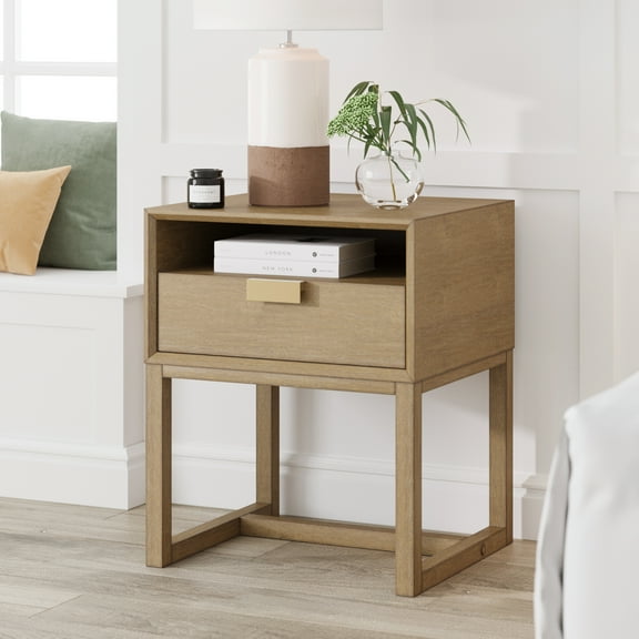 Nathan James Luke Light Brown Wood Nightstand Bed Side Table, Side Sofa End Table with Storage Drawer and Cubby