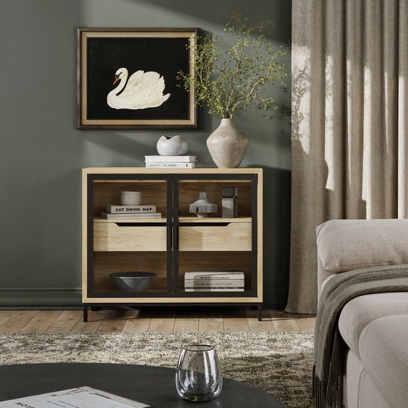 Nathan James Mackenna Metal and Glass Sideboard Accent Cabinet with Two Doors, Oak Credenza for Kitchen or Living Room